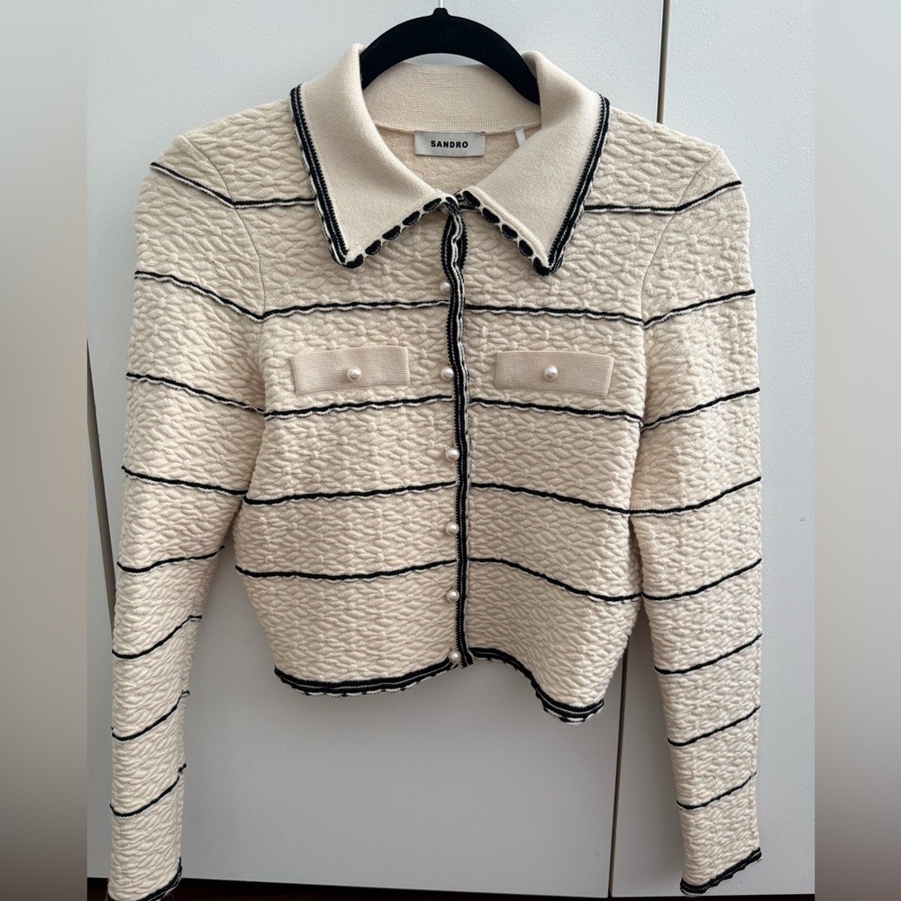 Sandro Women's Textured Cream and Black Blazer / Cardigan